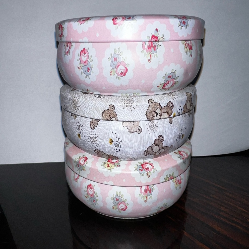 5/$20 Cute Coquette Set of 3 Round Storage Tins | 2 Pink Floral Roses Teddy Bear